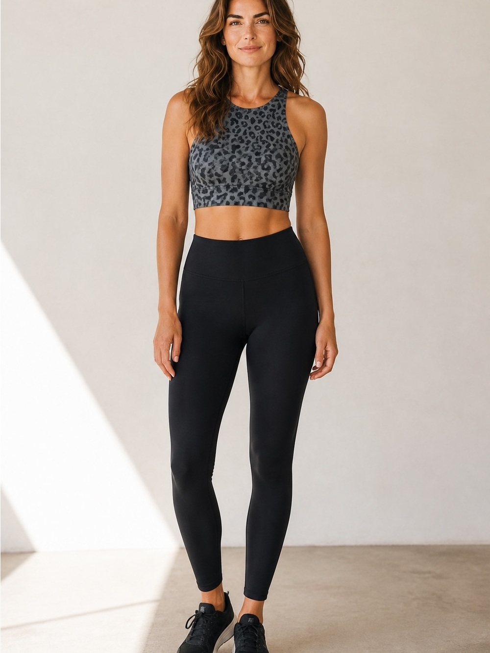 Charcoal Leopard High-Neck Sports Bra with Black High-Waist Leggings